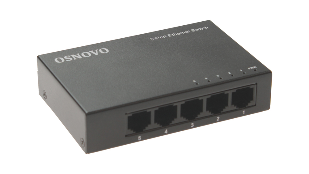 SW-5F - Неуправляемый коммутатор Fast Ethernet на 5 портов. Порты: 5 x FE (10/100Base-TX). Auto MDI/MDIX Встроенная грозозащита 2кВ. В комплекте БП DC12V(1A). Размеры (ШхВхГ): 100 x 23 x 65мм. Рабочая температура: 0...+40 гр. С, OSNOVO