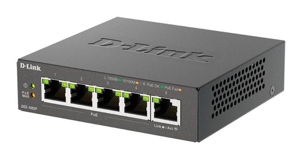 DGS-1005P/B3A - Неуправляемый коммутатор с 5 портами 10/100/1000Base-T (4 порта PoE 802.3af/at, PoE-бюджет 60 Вт), D-link