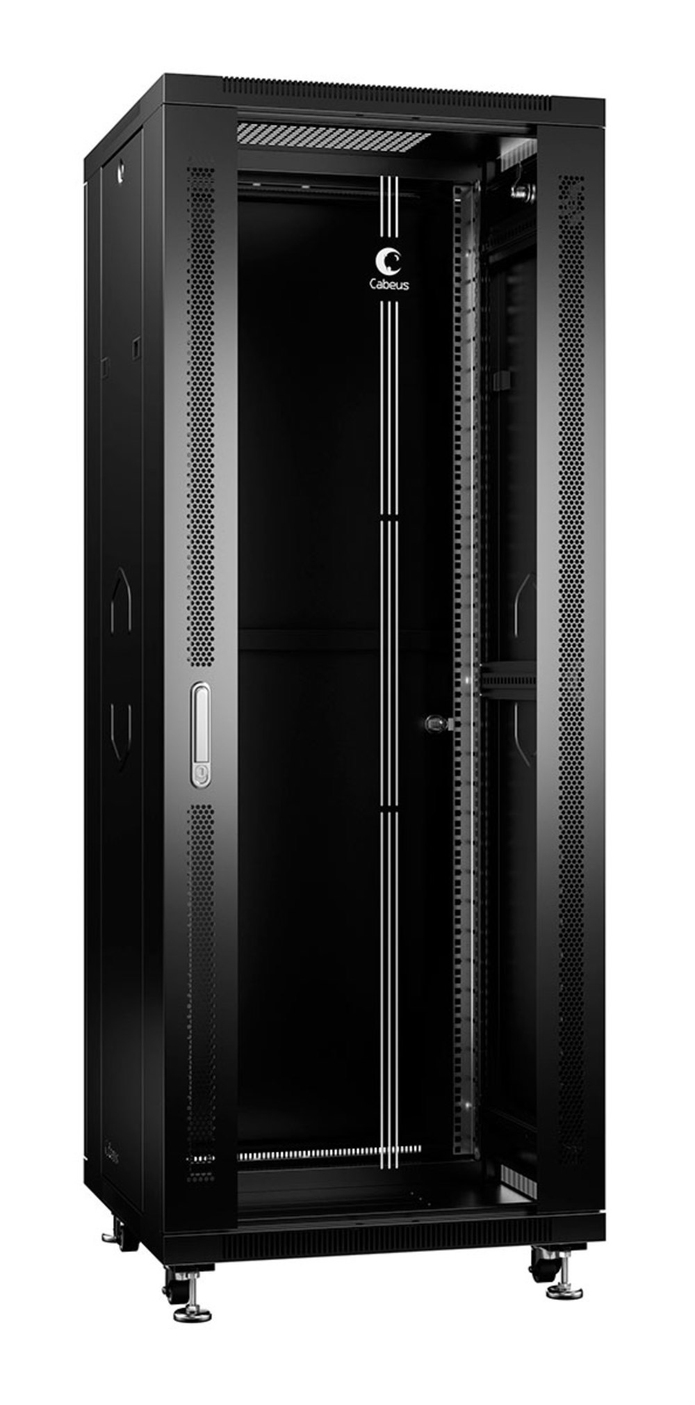 Cabeus SH-05C-37U60/60-BK - Шкаф монтажный телекоммуникационный 19" напольный для распределительного и серверного оборудования 37U 600x600x1833mm (ШхГхВ) передняя стеклянная и задняя сплошная металлическая двери, ручка с замком, цвет черный (RAL 9004)