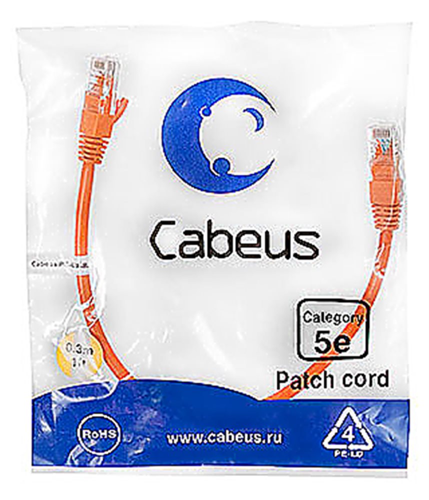 Cabeus PC-UTP-RJ45-Cat.5e-0.3m-OR-LSZH Патч-корд U/UTP, категория 5е, 2xRJ45/8p8c, неэкранированный, оранжевый, LSZH, 0.3м