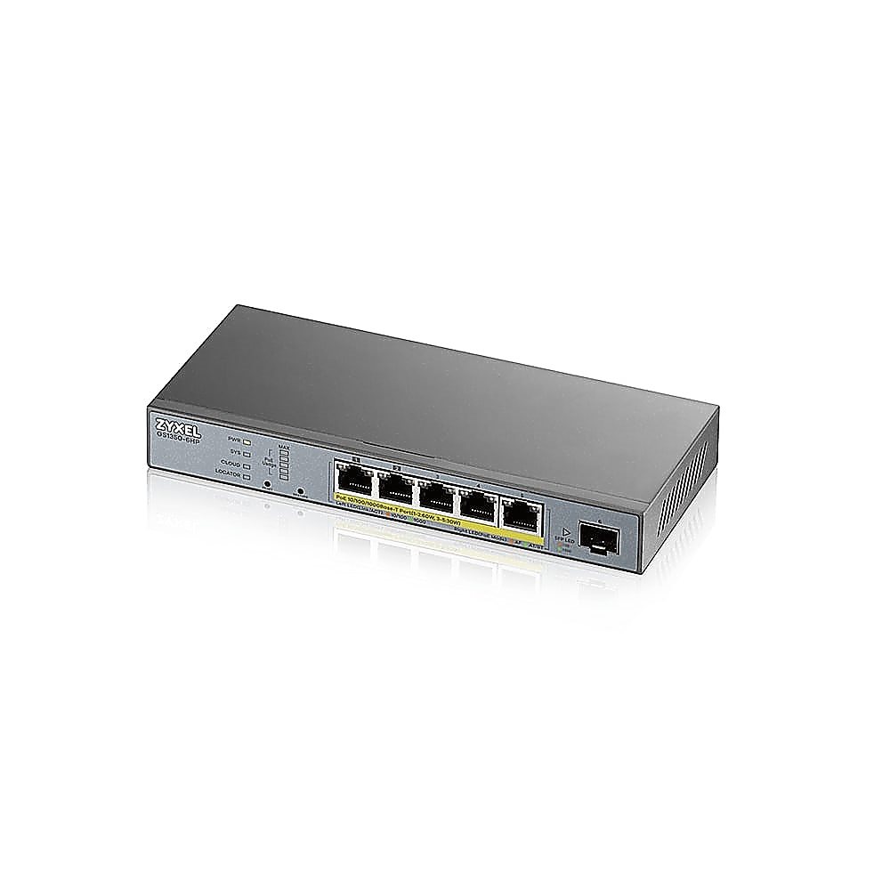 GS1350-6HP - L2 коммутатор управляемый PoE+ для IP-видеокамер Zyxel, 4xGE PoE+, 1xGE PoE++ (802.3bt), 1xSFP, бюджет PoE 60 Вт, дальность передачи питания до 250 м, автоперезагрузка PoE-портов