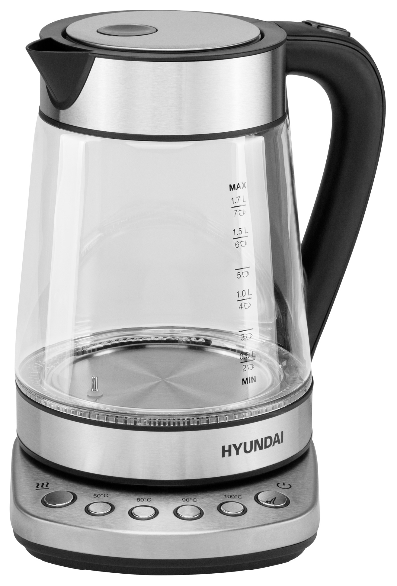 Чайник электрический Hyundai HYK-G3026 1.7л. 2200Вт серебристый/черный корпус: стекло/металл/пластик
