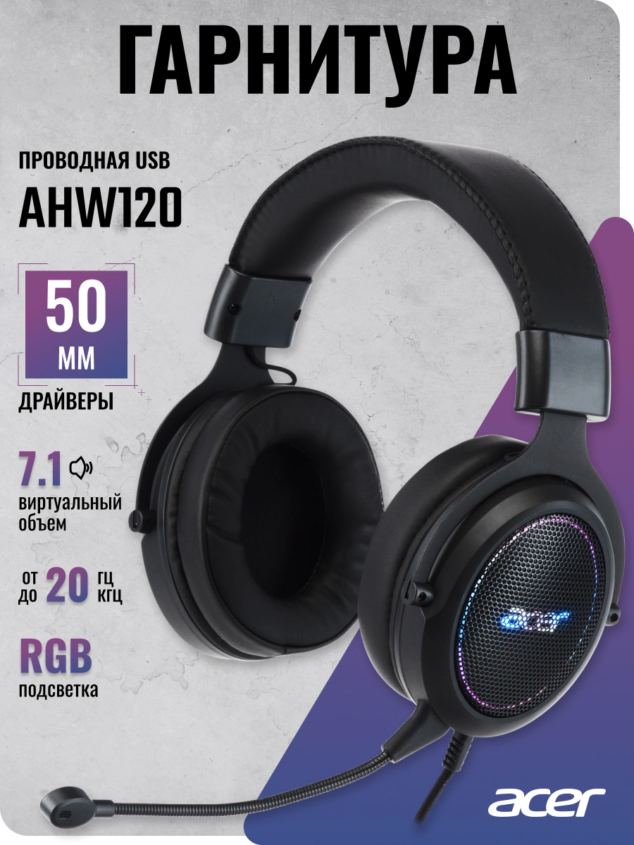 Наушники с микрофоном Acer AHW120 черный 2.1м мониторные USB оголовье (ZL.HDSCC.01C)