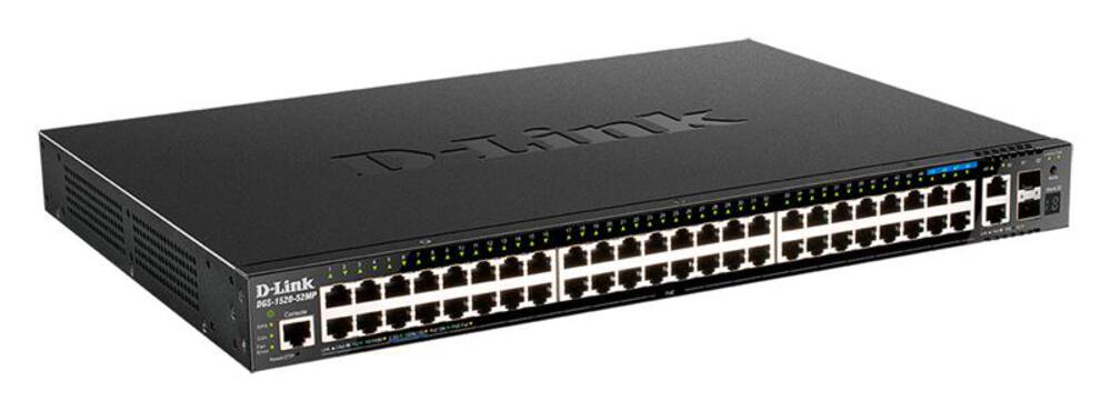 DGS-1520-52MP/A2A - Управляемый L3 стекируемый коммутатор D-Link с 44 портами 10/100/1000Base-T, 4 портами 100/1000/2.5GBase-T, 2 портами 10GBase-T и 2 портами 10GBase-X SFP+ (PoE-бюджет 370 Вт)