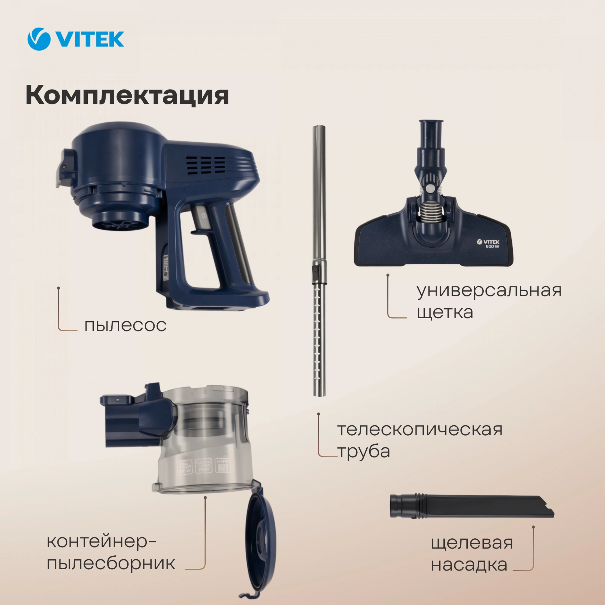 Пылесос ручной Vitek VT-8126 600Вт темно-синий