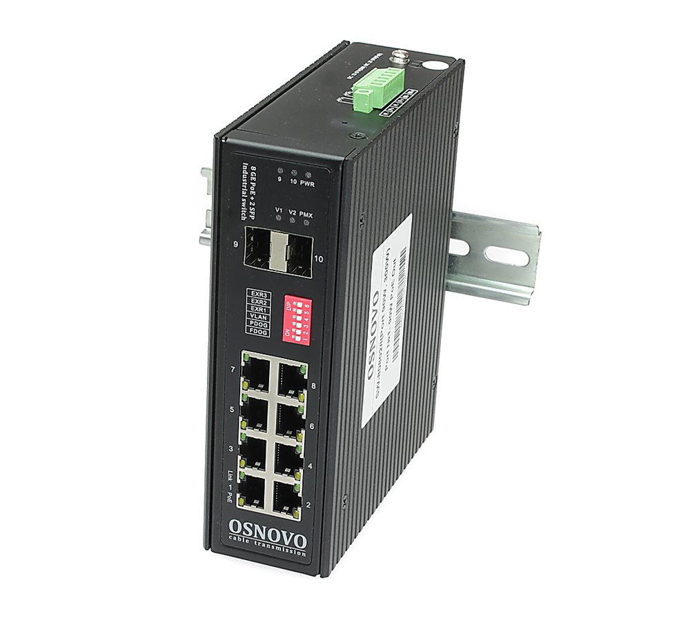 SW-80802/I(Port 90W, 300W) - Промышленный HiPoE коммутатор OSNOVO Gigabit Ethernet на 8GE PoE + 2 GE SFP порта. Порты: 1 x GE (10/100/1000Base-T) с PoE BT (до 90W) + 7 x GE (10/100/1000Base-T) с PoE (до 30W) + 2 x GE SFP (1000Base-X). Соответствует станда