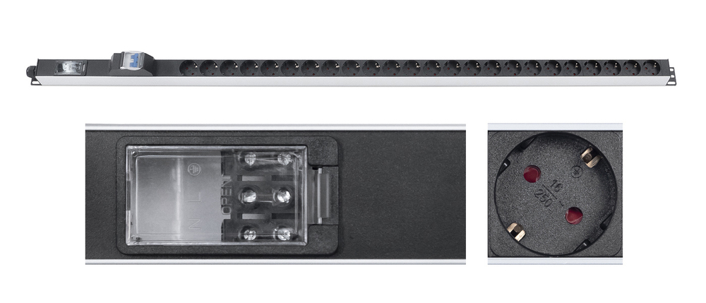 Cabeus PDU-32-24S-B-T - Блок розеток для 19" шкафов, вертикальный, 24 розетки Schuko, 32А, автомат защиты, алюминиевый корпус, клеммная колодка