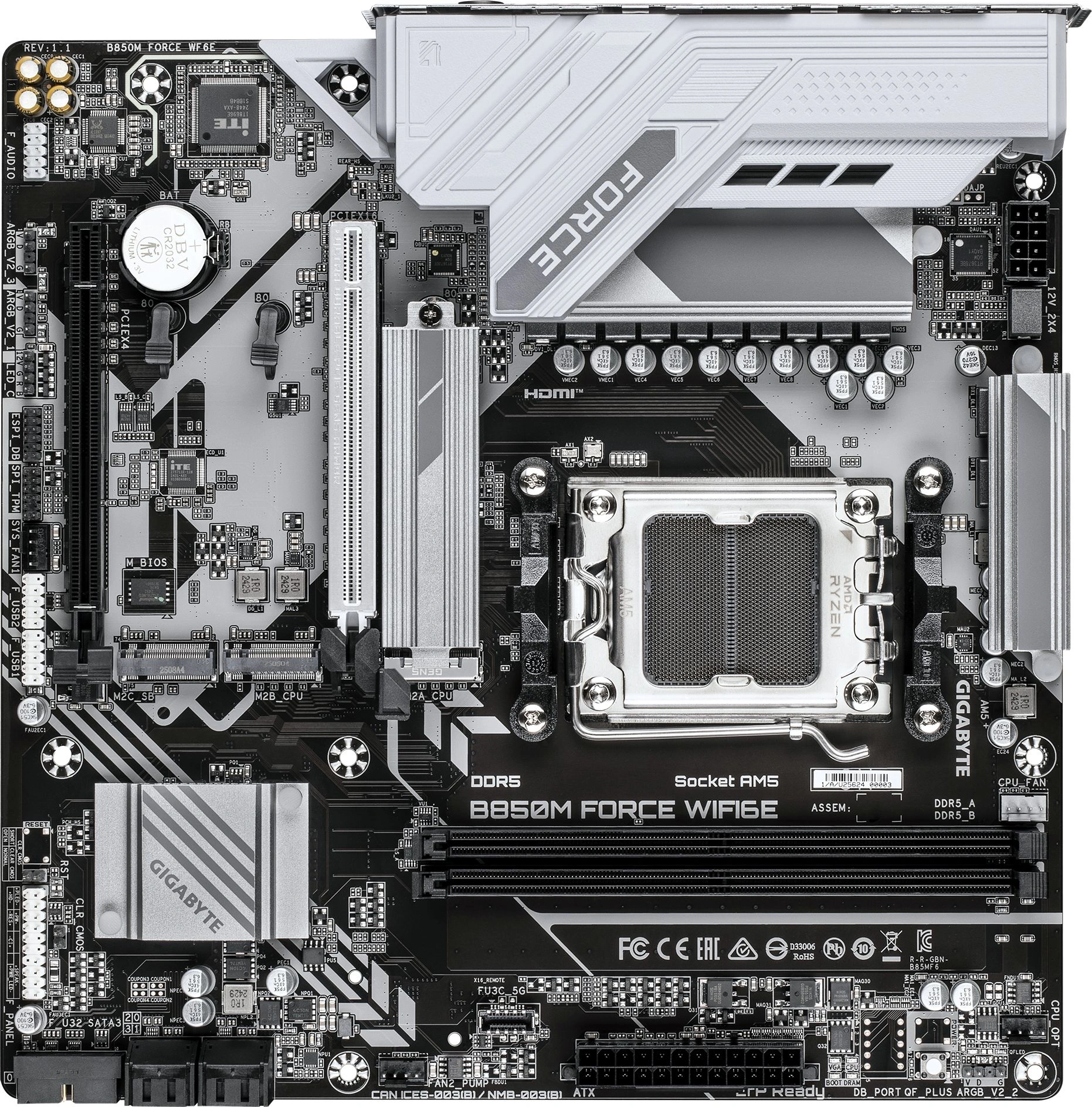 Материнская плата Gigabyte B850M FORCE WIFI6E Socket AM5 AMD B850 2xDDR5 mATX AC`97 8ch(7.1) 2.5Gg RAID+HDMI+DP