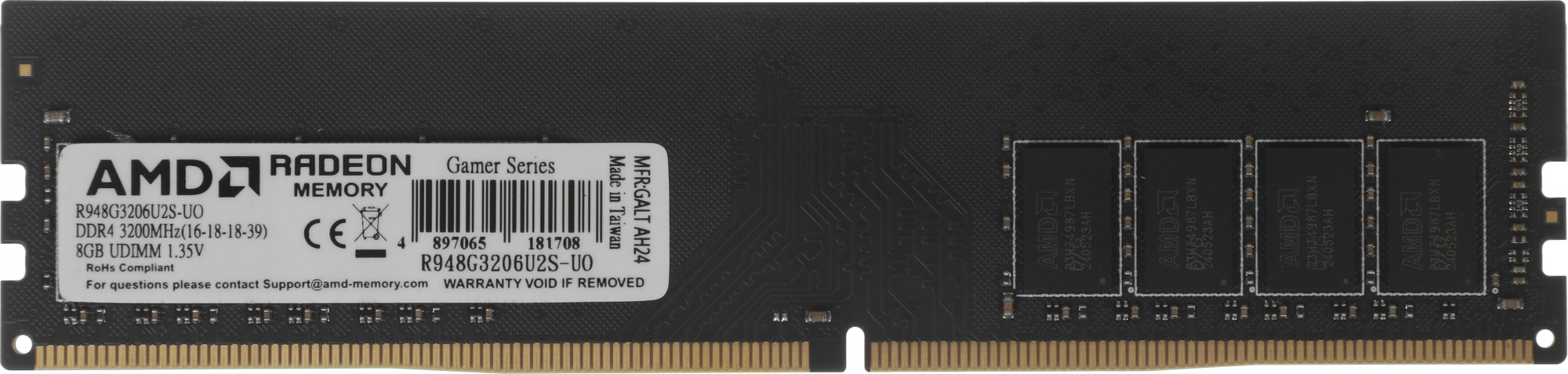 Память DDR4 8GB 3200MHz AMD R948G3206U2S-UO Radeon R9 Gamer Series OEM Gaming PC4-25600 CL16 DIMM 288-pin 1.35В OEM
