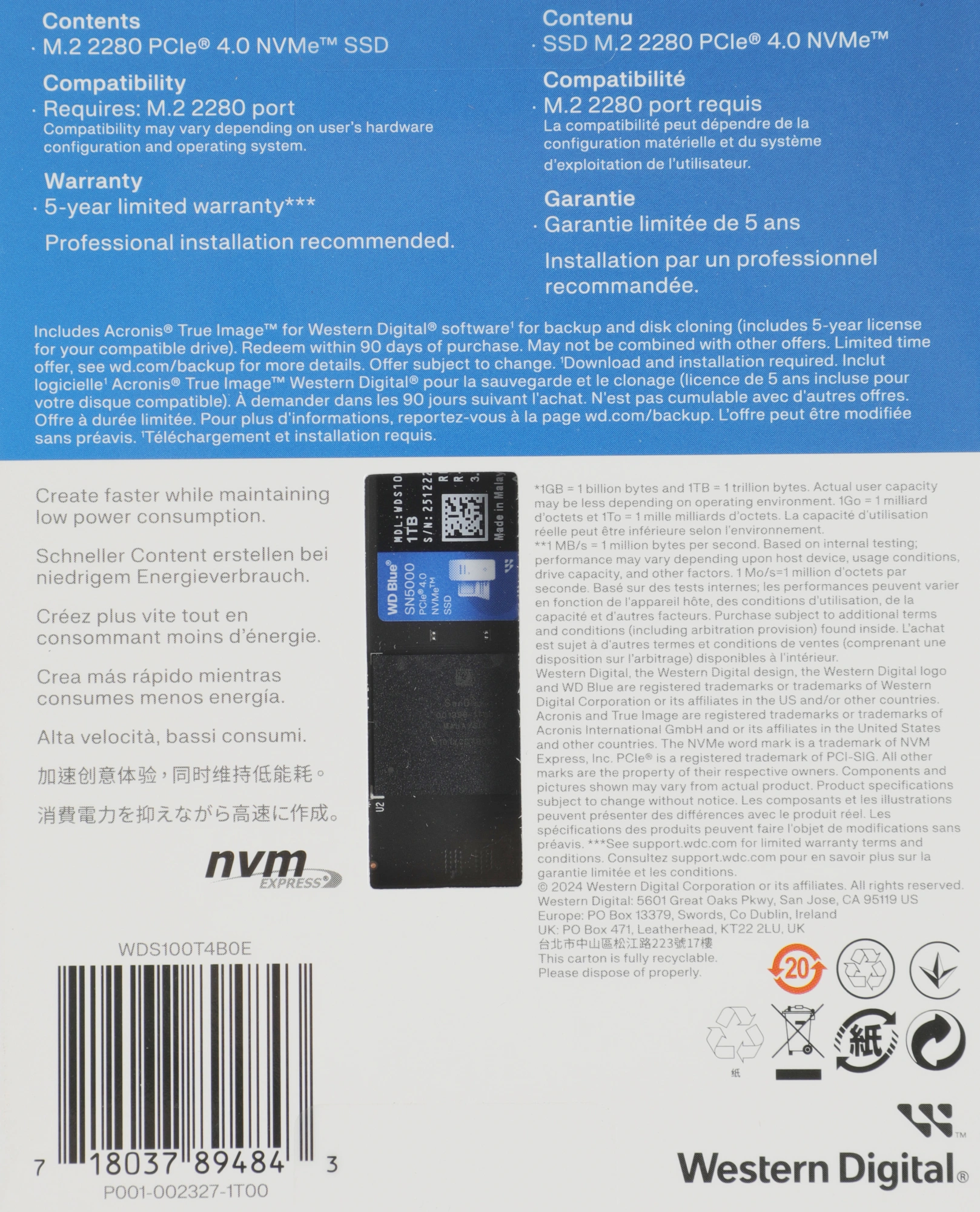 Накопитель SSD WD PCIe 4.0 x4 1TB WDS100T4B0E SN5000 Blue M.2 2280
