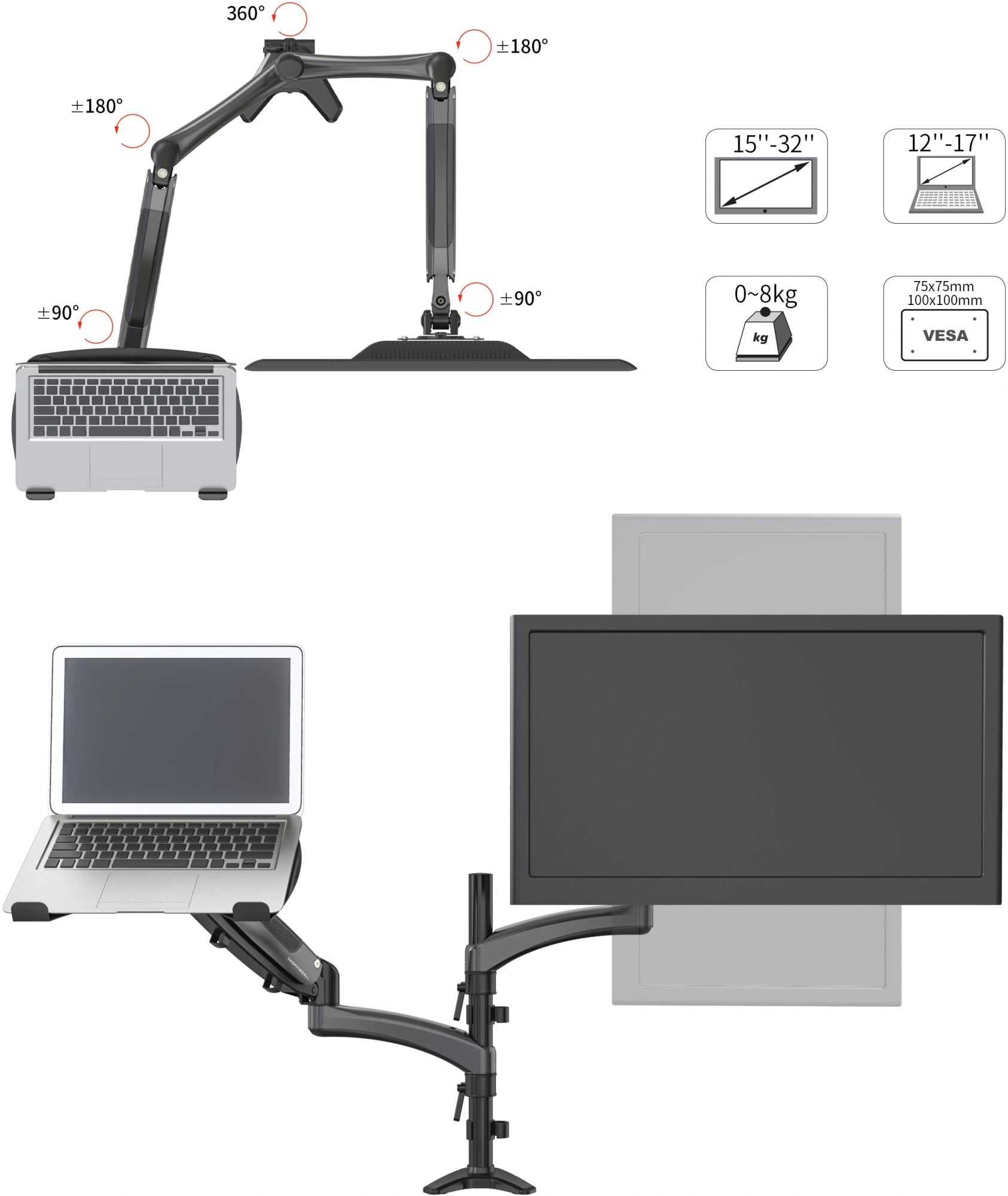 Кронштейн для монитора/ноутбука Cactus CS-VM-LH08-BK черный 13"-32" макс.16кг настольный поворот и наклон