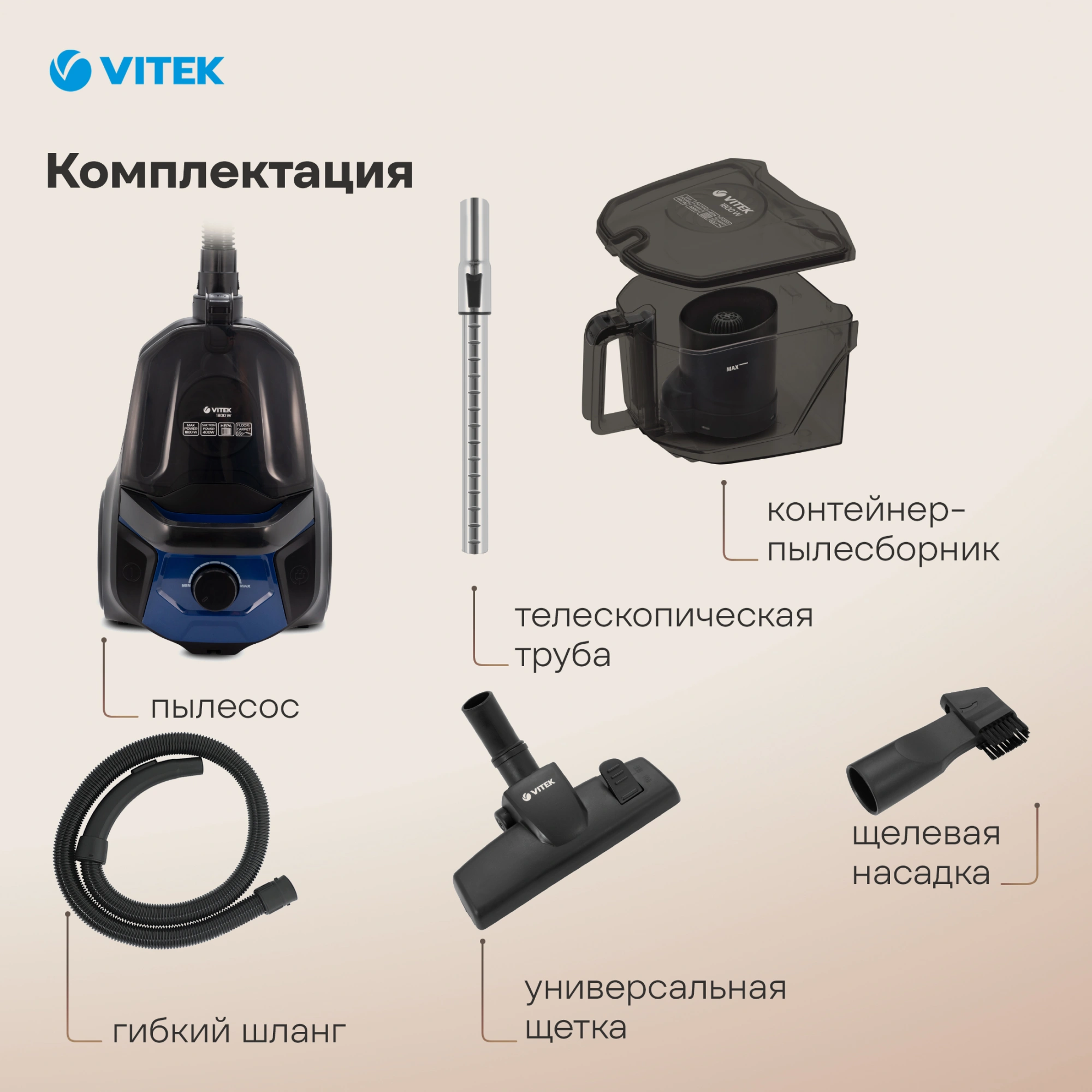 Пылесос Vitek VT-1829 1800Вт синий/черный
