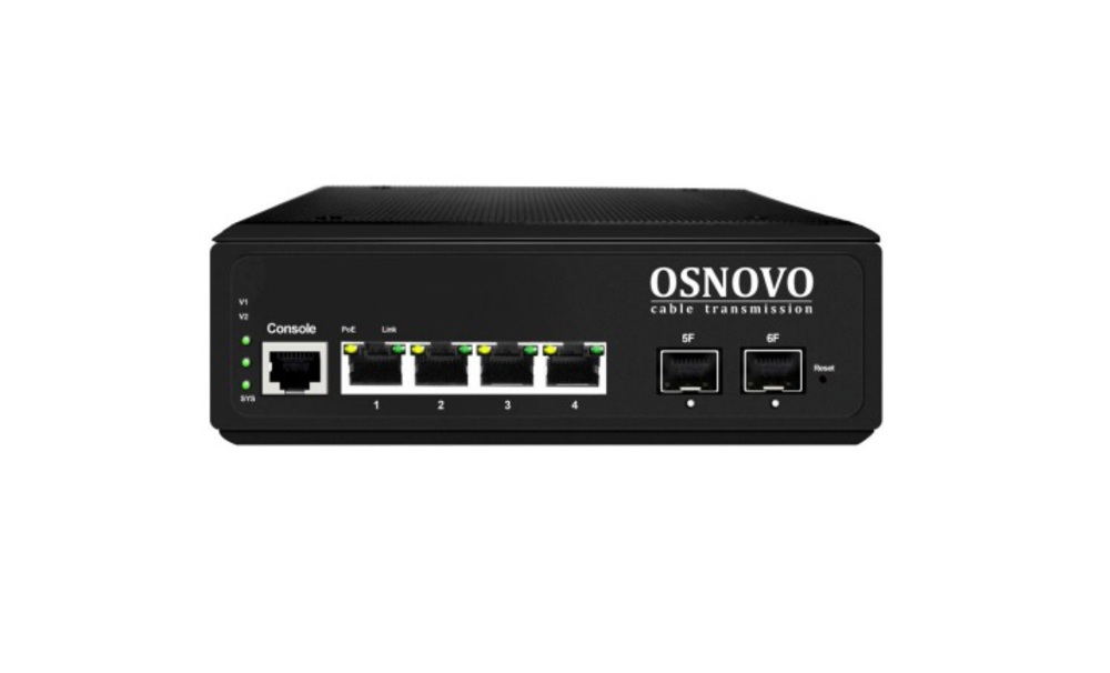 SW-80402-IL(port 90W,360W) - Промышленный управляемый (L2+) PoE коммутатор Osnovo Gigabit Ethernet на 6 портов. Порты: 4 x GE (10/100/1000Base-T) с PoE (до 90W) + 2 x GE SFP (1000Base-T)