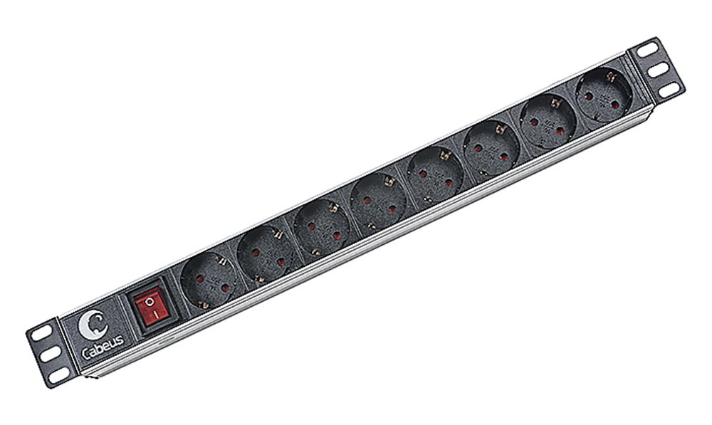 Cabeus PDU-8P - Блок евророзеток для 19" шкафов, горизонтальный, 8 розеток, 10 A, выключатель, гнездо под шнур, алюминиевый корпус