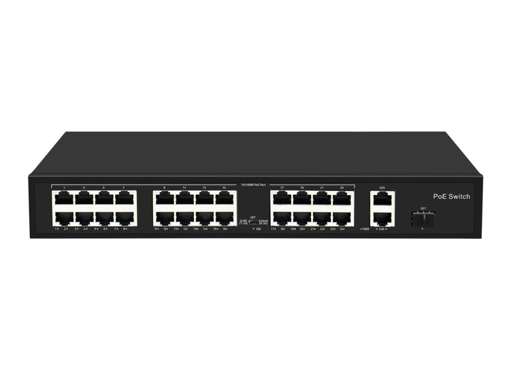 ST-NS024MB-GDF - Неадминистрируемый коммутатор, 24 RJ-45 POE порта (10/100 Мбит/с), 2 RJ-45 Uplink порта (1000 Мбит/с), 1 SFP Uplink порт (1000 Мбит/с), бюджет на порт до 30 Вт, общий бюджет до 300 Вт.