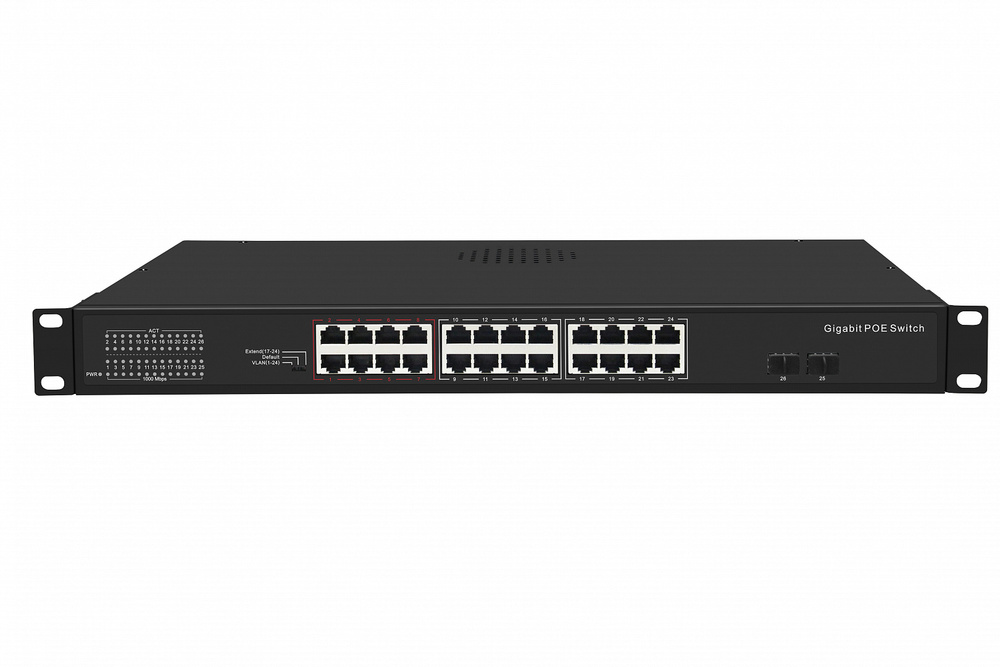 GL-SW-G005-24P - Коммутатор NIKOMAX, неуправляемый, 24PoE (802.3af/at) портов 1000Мбит/с, 17-24 порт до 250м cat6, 2 SFP порта 1000Мбит/с , 400W