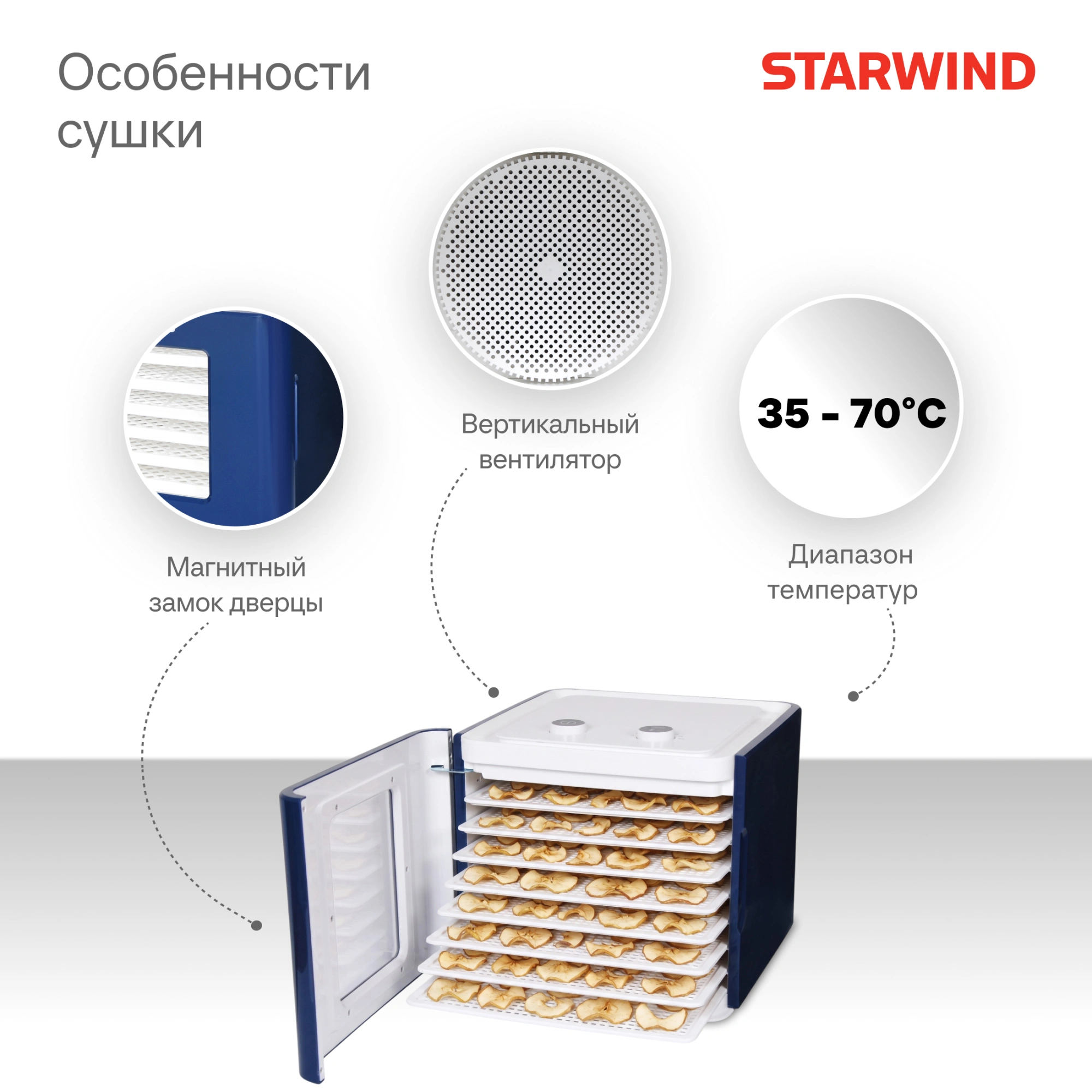 Сушка для фруктов и овощей Starwind SFD6431 6под. 400Вт синий