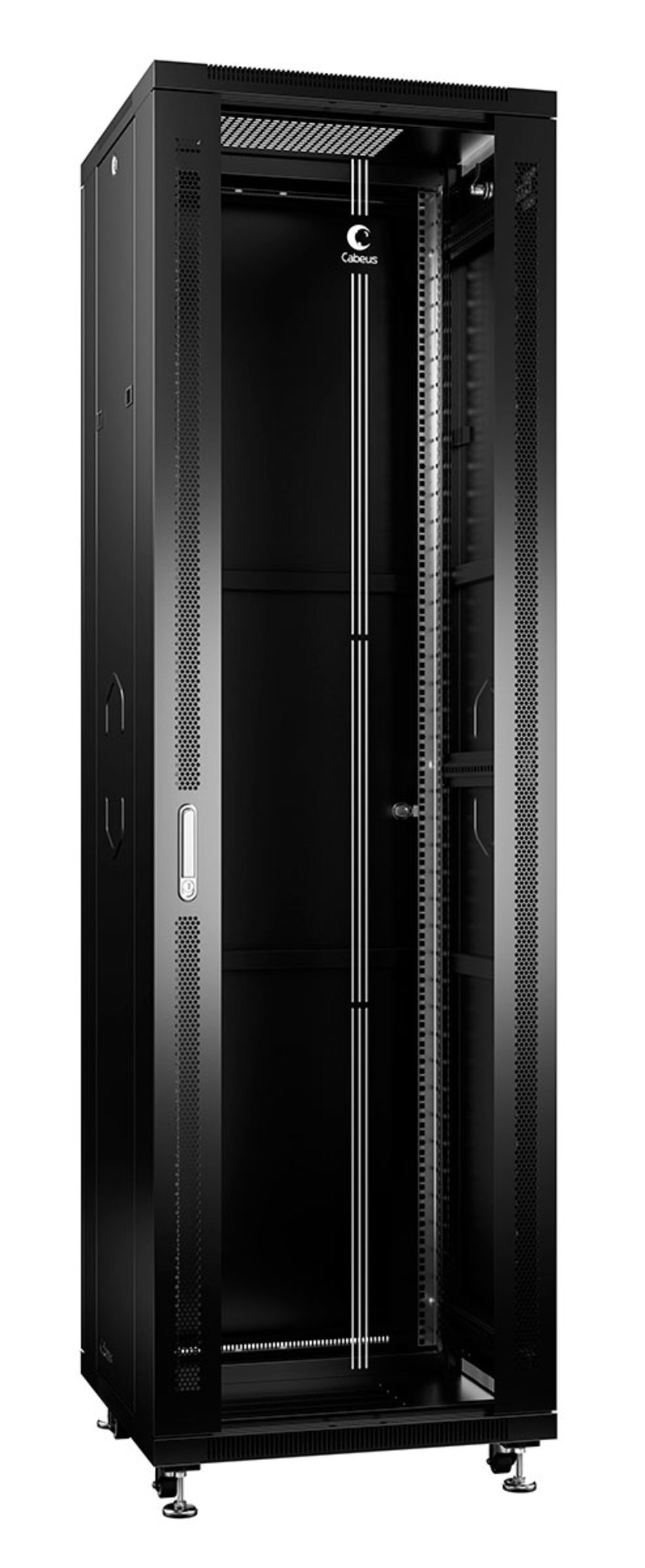 Cabeus SH-05C-42U60/80-BK - Шкаф монтажный телекоммуникационный 19" напольный для распределительного и серверного оборудования 42U 600x800x2055mm (ШхГхВ) передняя стеклянная и задняя сплошная металлическая двери, ручка с замком, цвет черный (RAL 9004)