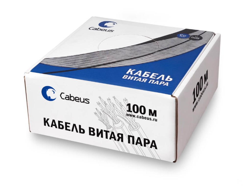 Cabeus UTP-4P-Cat.5e-SOLID-GY-100 - Кабель витая пара UTP (U/UTP), категория 5e, 4 пары (24 AWG), одножильный, PVC нг(А)-LS, серый (100 м)