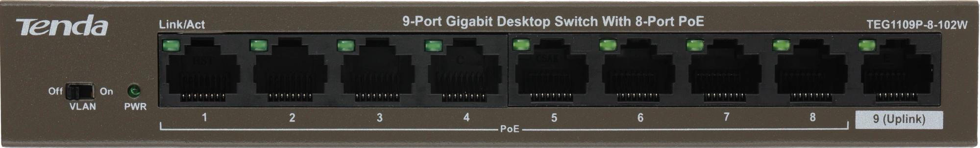 Коммутатор Tenda TEG1109P-8-102W (L2) 9x1Гбит/с 8PoE 92W неуправляемый
