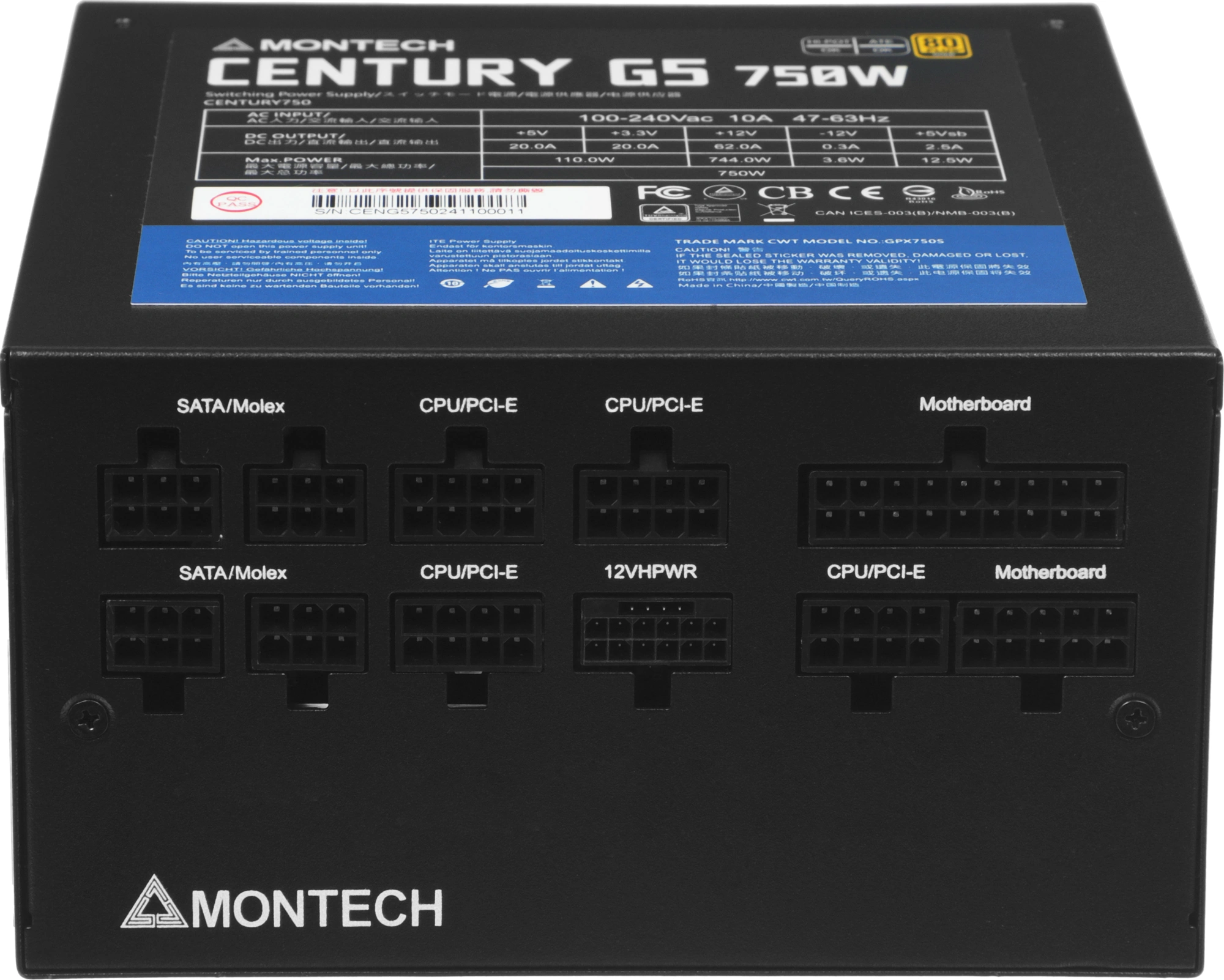 Блок питания Montech ATX 750W CENTURY GOLD G5 80+ gold (20+4pin) APFC 120mm fan 10xSATA Cab Manag RTL