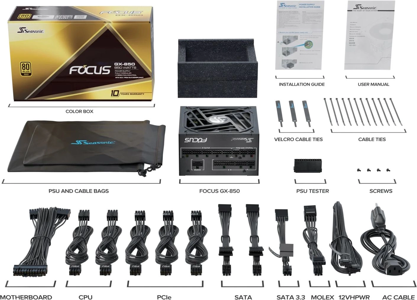 Блок питания Seasonic ATX 850W Focus GX-850 80+ gold (20+4pin) APFC 135mm fan 10xSATA Cab Manag RTL