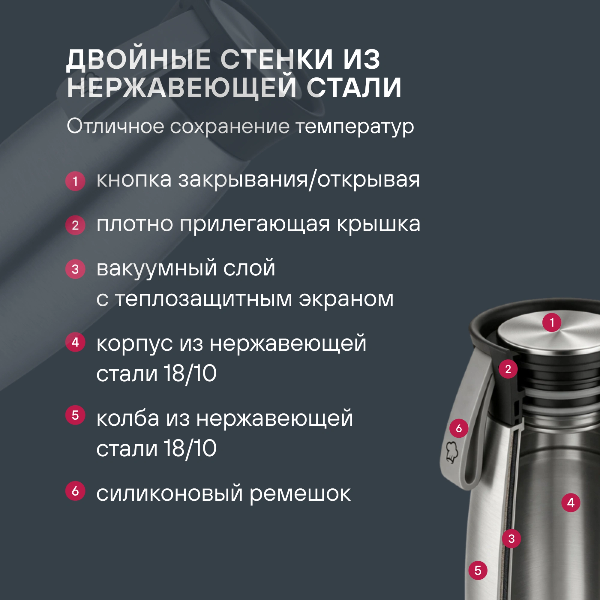 Термокружка для напитков Rondell Breve RDS-1882 0.5л. стальной матовый картонная коробка