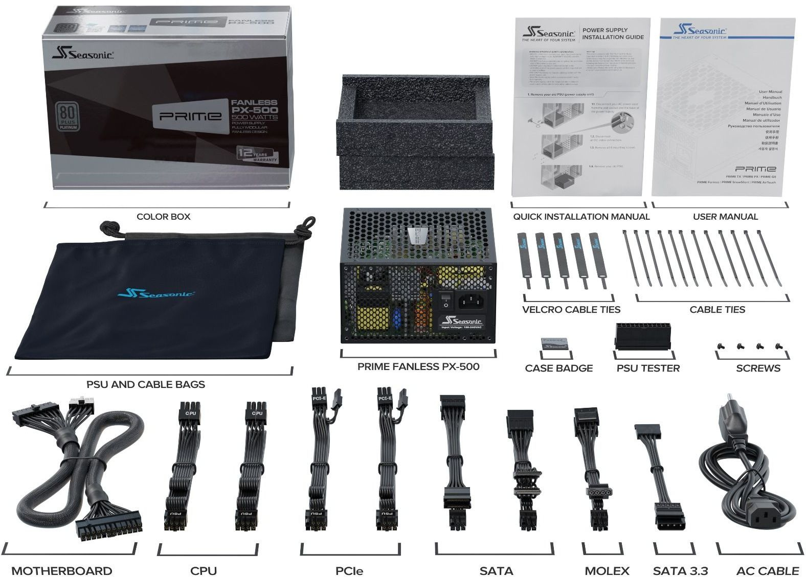 Блок питания Seasonic ATX 500W PRIME Fanless PX-500 80+ platinum 24pin APFC 8xSATA Cab Manag RTL