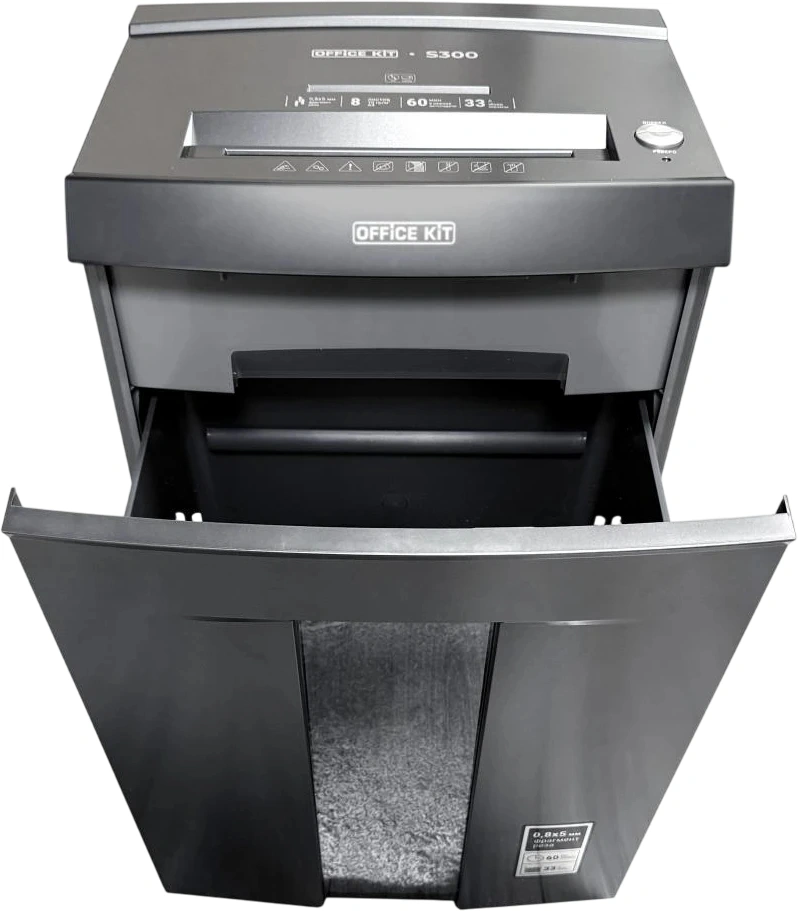 Шредер Office Kit S300 0,8x5 черный (секр.P-7) фрагменты 8лист. 33лтр. пл.карты CD