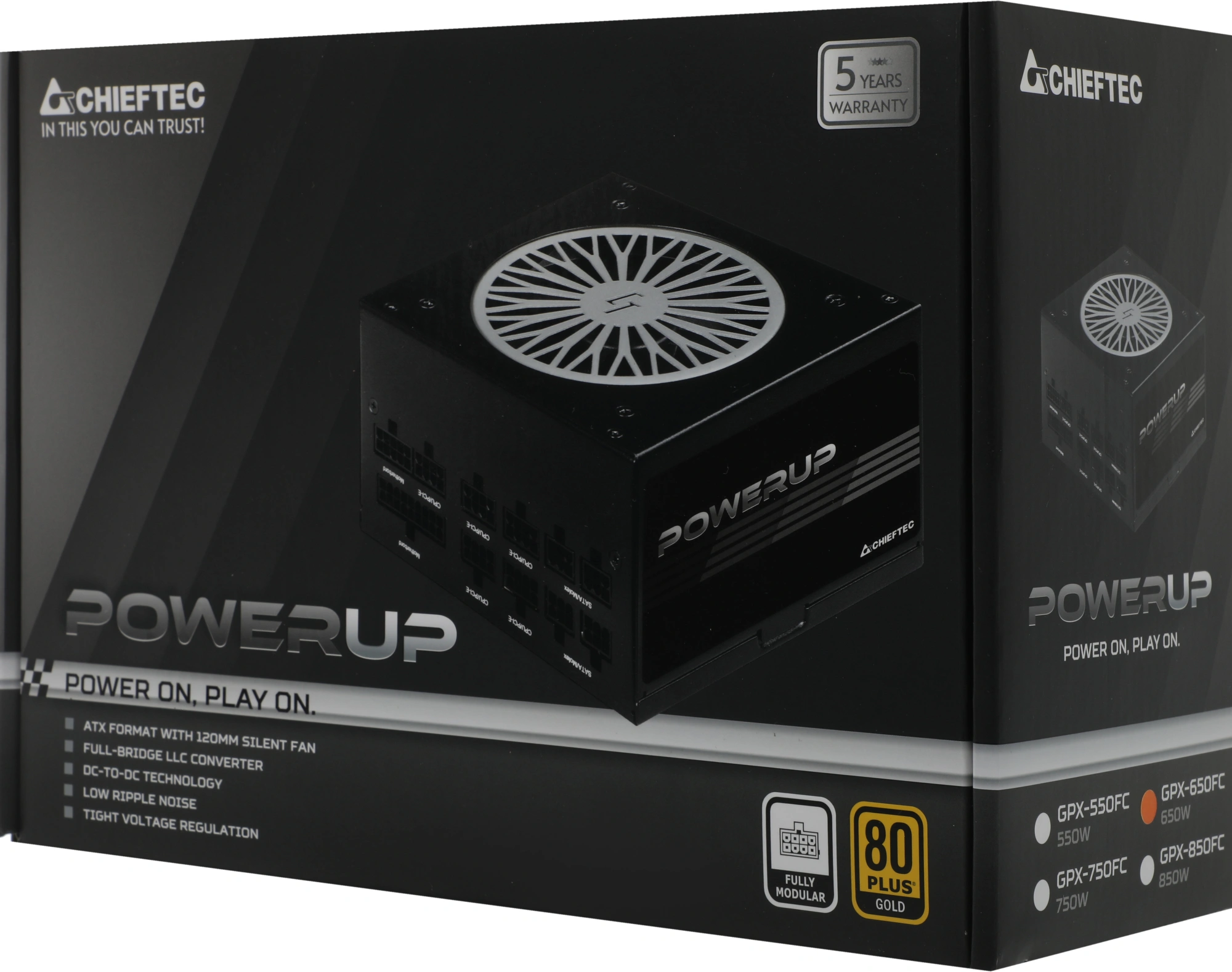 Блок питания Chieftec ATX 650W PowerUp GPX-650FC 80+ gold (20+4pin) APFC 120mm fan 9xSATA Cab Manag RTL