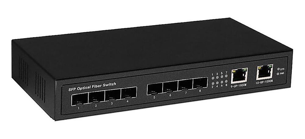 SW-7028 - Неуправляемый коммутатор Gigabit Ethernet на 8 SFP + 2 RJ45 портов. Порты: 8 x GE SFP (1000Base-FX), 2 x GE (10/100/1000Base-T). В комплекте БП DC12V (0,5A)