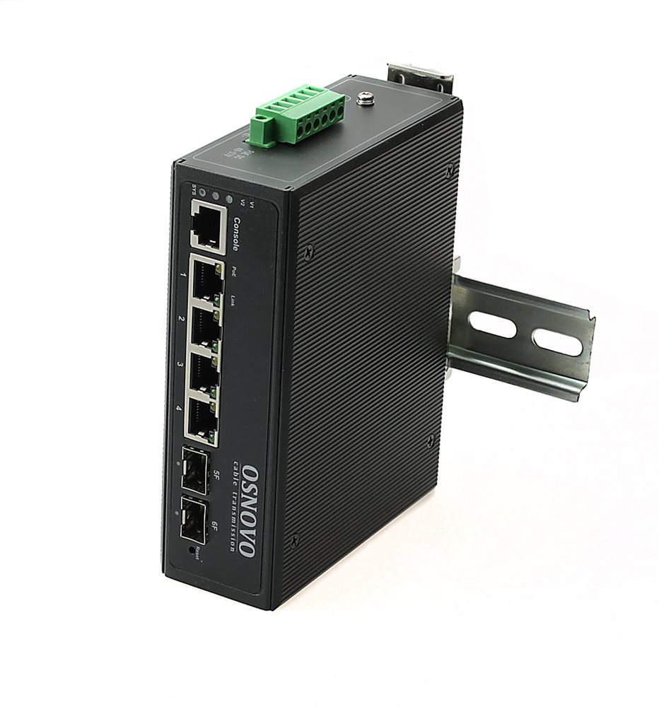 SW-80402/IL - Промышленный управляемый (L2+) PoE коммутатор Gigabit Ethernet на 6 портов Osnovo. Порты: 4 x GE (10/100/1000Base-T) с PoE (до 30W) + 2 x GE SFP (1000Base-X)