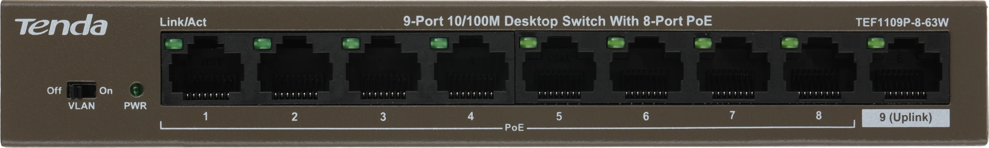Коммутатор Tenda TEF1109P-8-63W 9x100Мбит/с 8PoE 58W неуправляемый