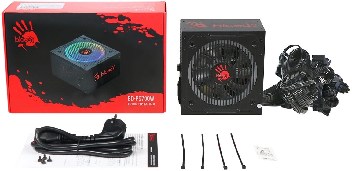 Блок питания Bloody ATX 700W BD-PS700W 80 PLUS WHITE (20+4pin) APFC 120mm fan color LED 6xSATA RTL