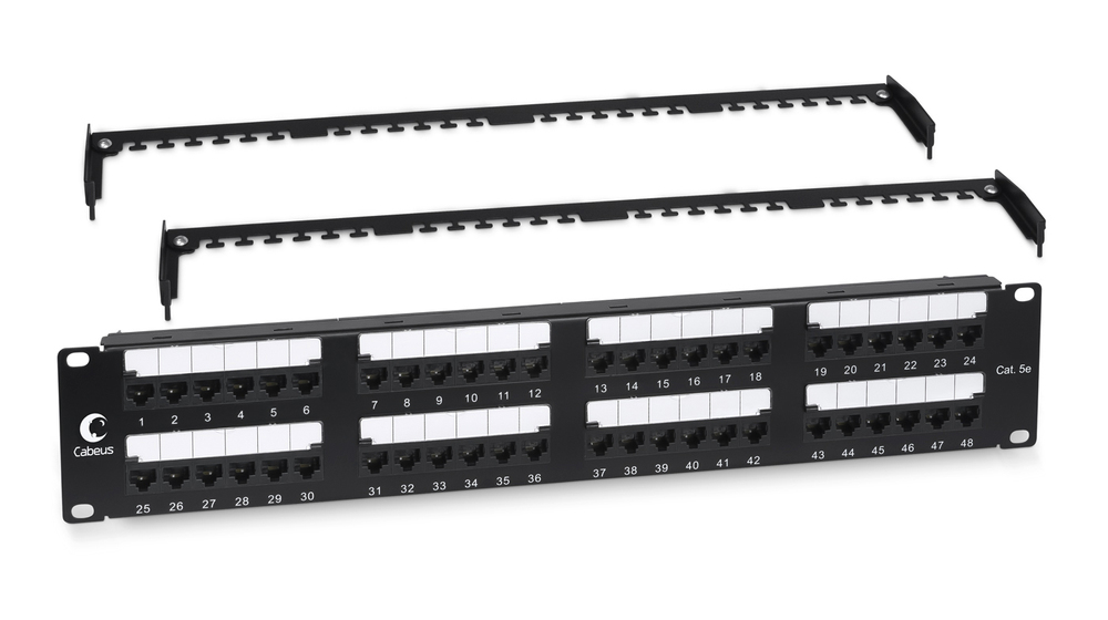 Cabeus PL2-48-Cat.5e-Dual - IDC  Патч - панель 19 " (2U), 48 портов RJ-45, категория 5e, Dual IDC, с задним кабельным организатором · Тип установки: шкаф или стойка 19