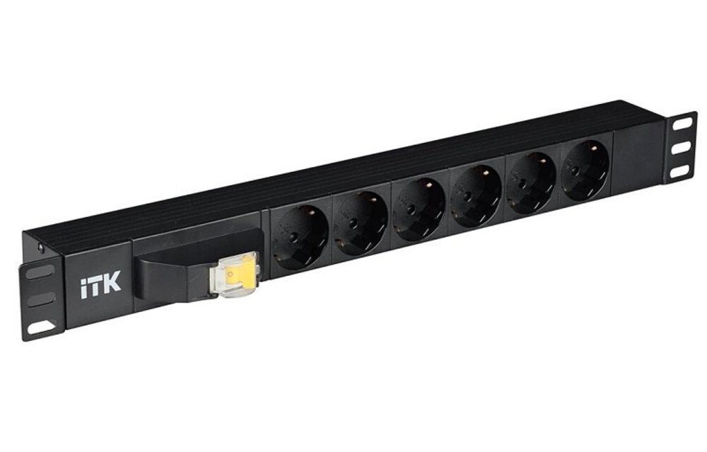 PH21-6D3 - Блок силовых розеток 19" без шнура, с автоматом 1P 10А, 6 розеток SCHUKO, вилка С14 , AC 220 В/50 Гц, P max 2,2 кВт, I 10 А, 44х482,6х44 мм, ПВХ, цвет черный.