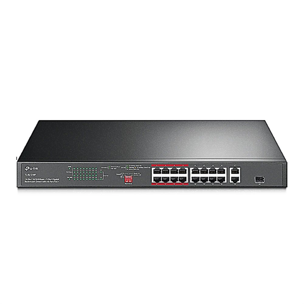 TL-SL1218P - 18-портовый коммутатор с 16 PoE+ портами 10/100 Мбит/с и 2 гигабитными портами, бюджет PoE до 150 Вт
