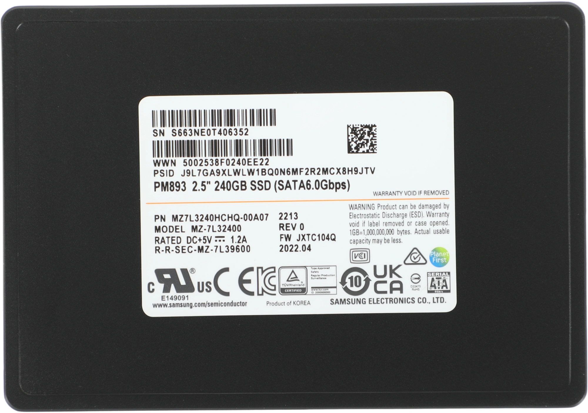 Накопитель SSD Samsung SATA-III 240GB MZ7L3240HCHQ-00A07 PM893 2.5" 1 DWPD OEM