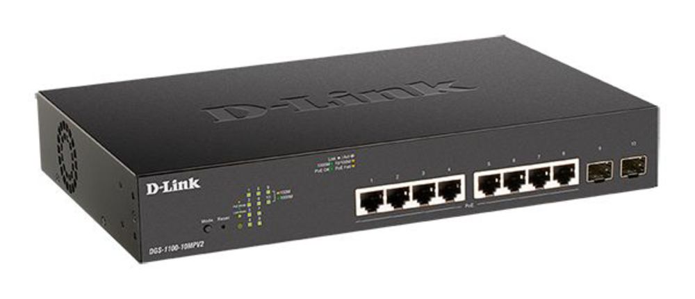 DGS-1100-10MPV2/A3A Настраиваемый L2 коммутатор с 8 портами 10/100/1000Base-T и 2 портами 1000Base-X SFP (8 портов PoE 802.3af/at, PoE-бюджет 130 Вт)
