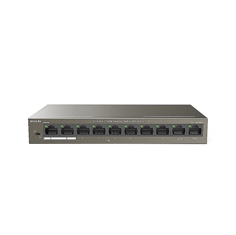 Tenda TEF1110P-8-63W - Коммутатор PoE неуправляемый, 8 портов PoE 10/100 Base-TX (IEEE 802.3at/af) + 2 порта 10/100 Base-TX Uplink, идентифицирует устройства с питанием от PoE. Бюджет PoE 63 Вт и 30 Вт для одного порта, грозозащита портов 6 кВ.