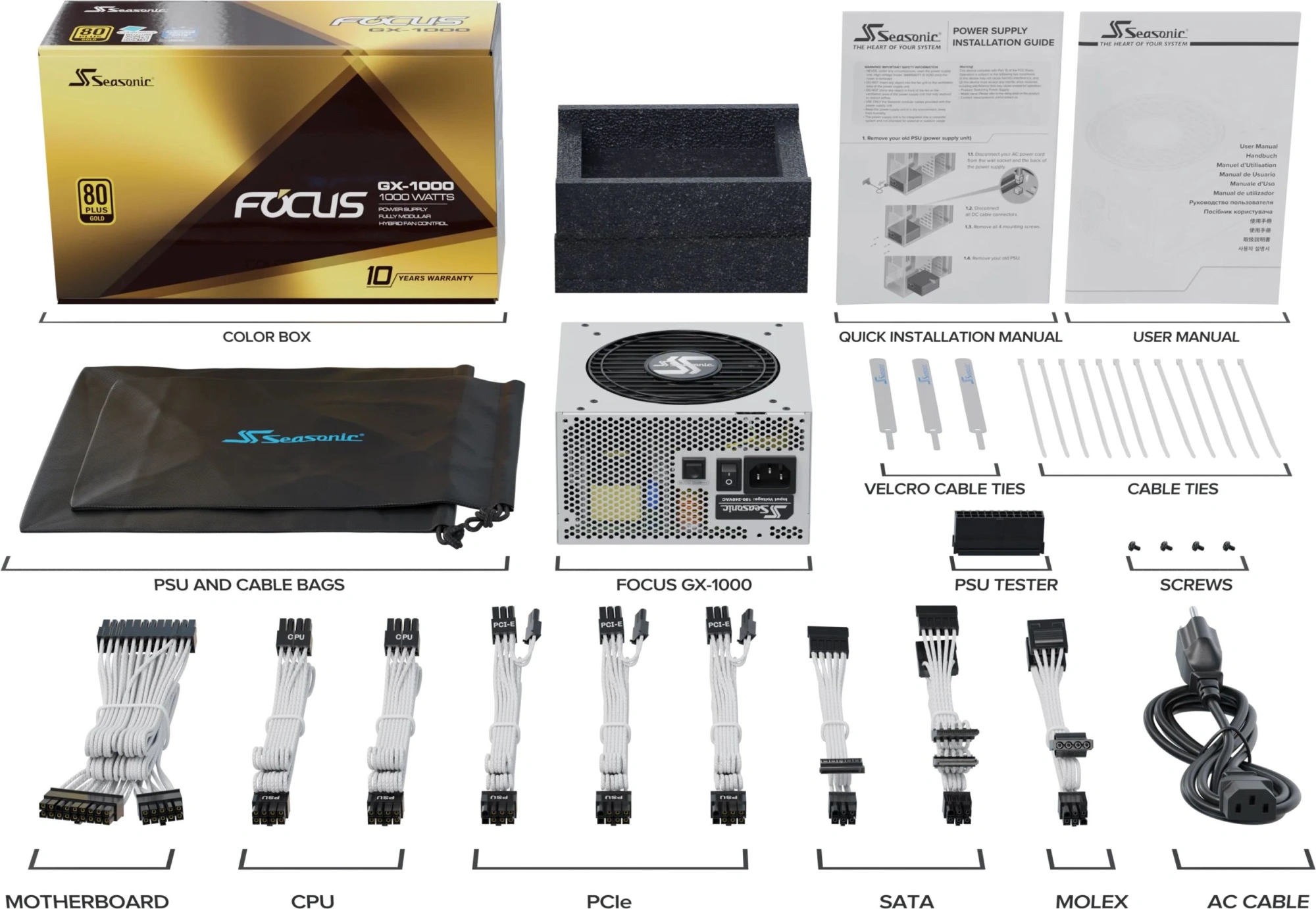 Блок питания Seasonic ATX 1000W Focus GX-1000 Gen.5 WHITE 80+ gold (20+4pin) APFC 135mm fan 8xSATA Cab Manag RTL