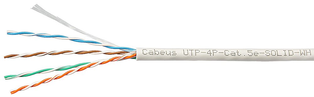 Cabeus UTP-4P-Cat.5e-SOLID-WH - Кабель витая пара UTP (U/UTP), категория 5e, 4 пары (24 AWG), одножильный, белый (305 м), системная гарантия 25 лет.