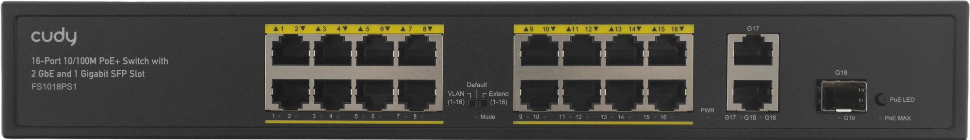 Коммутатор Cudy FS1018PS1 (L2) 16x100Мбит/с 2x1Гбит/с 1SFP 16PoE+ 200W неуправляемый