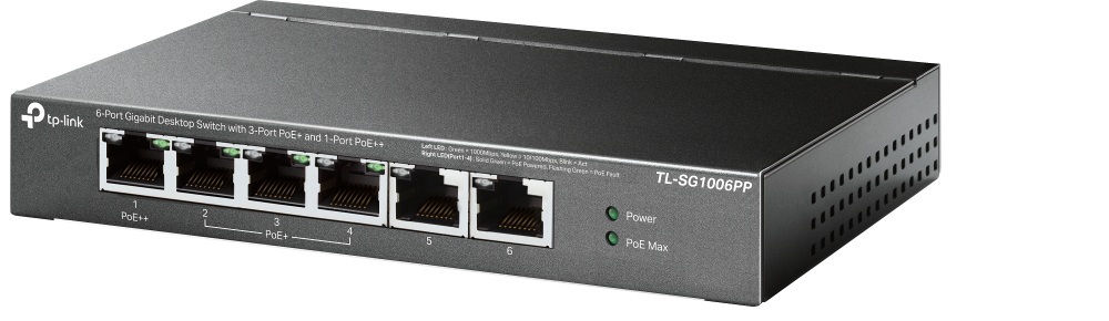 TL-SG1006PP - 5-портовый настольный гигабитный коммутатор с 3 портами PoE+ и 1 портом PoE++. Порты: 1 х гигабитный порт PoE++, 3 х гигабитных порта PoE+, 2 х гигабитных порта без PoE, TP-link