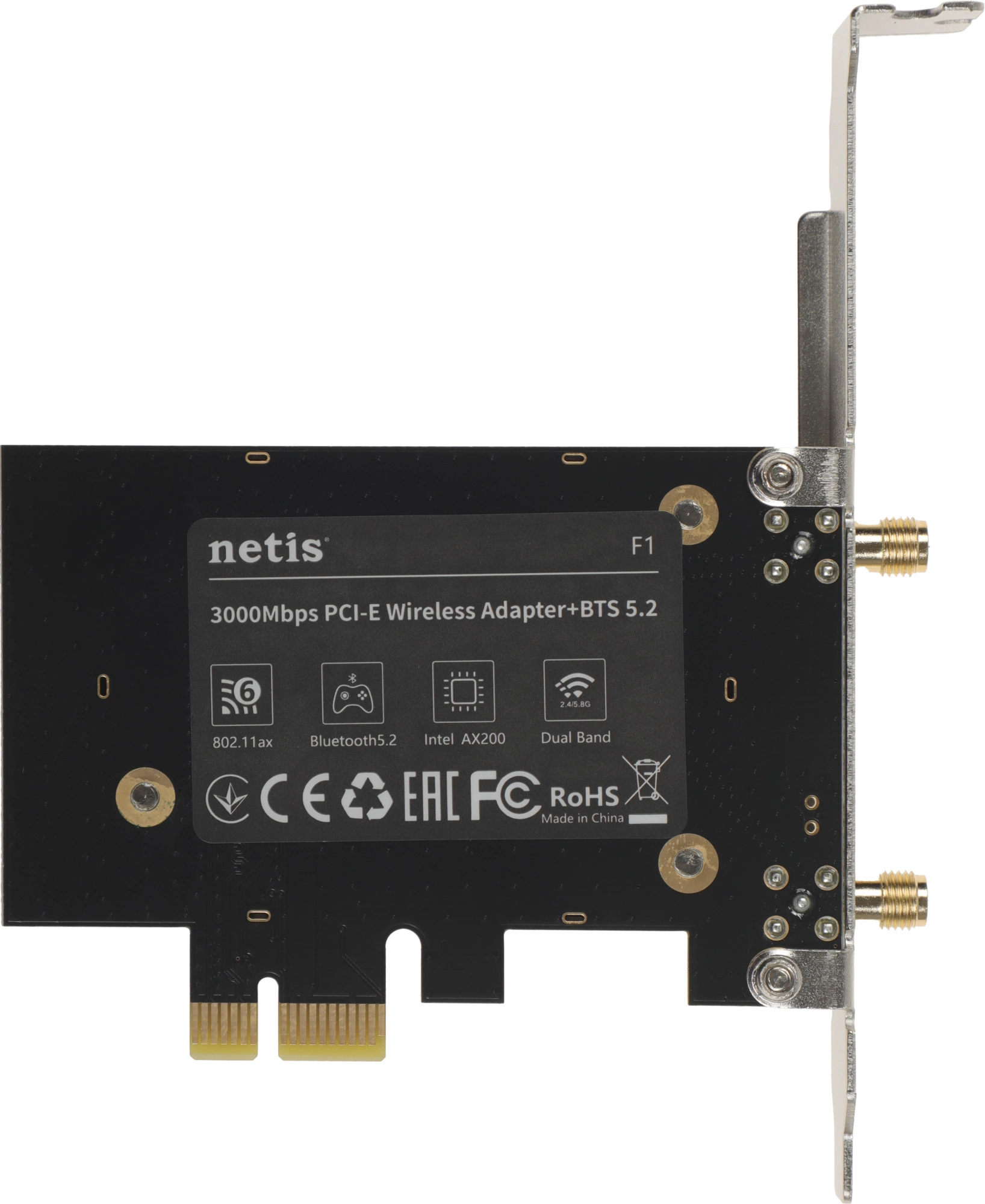 Сетевой адаптер Wi-Fi + Bluetooth Netis F1 AX3000 PCI Express (ант.внеш.съем) 2ант.
