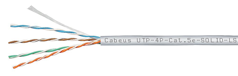Cabeus UTP-4P-Cat.5e-SOLID-LSZH-GY - Кабель витая пара UTP (U/UTP), категория 5e, 4 пары (24 AWG), одножильный, серый, LSZH (Low Smoke Zero Halogen) (305 м), системная гарантия 25 лет.