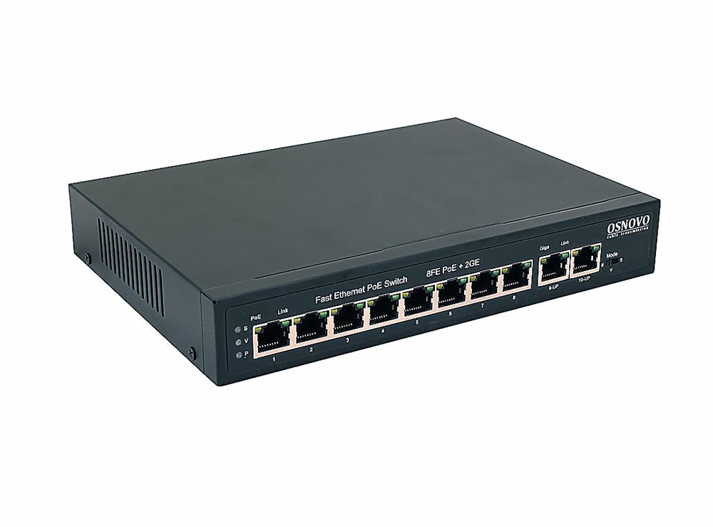 SW-20820(120W) - PoE коммутатор Fast Ethernet на 10 RJ45 портов. Порты: 8 x FE (10/100 Base-T) с поддержкой PoE (IEEE 802.3af/at), 2 x GE (10/100/1000 Base-T). Соответствует стандартам PoE IEEE 802.3af/at