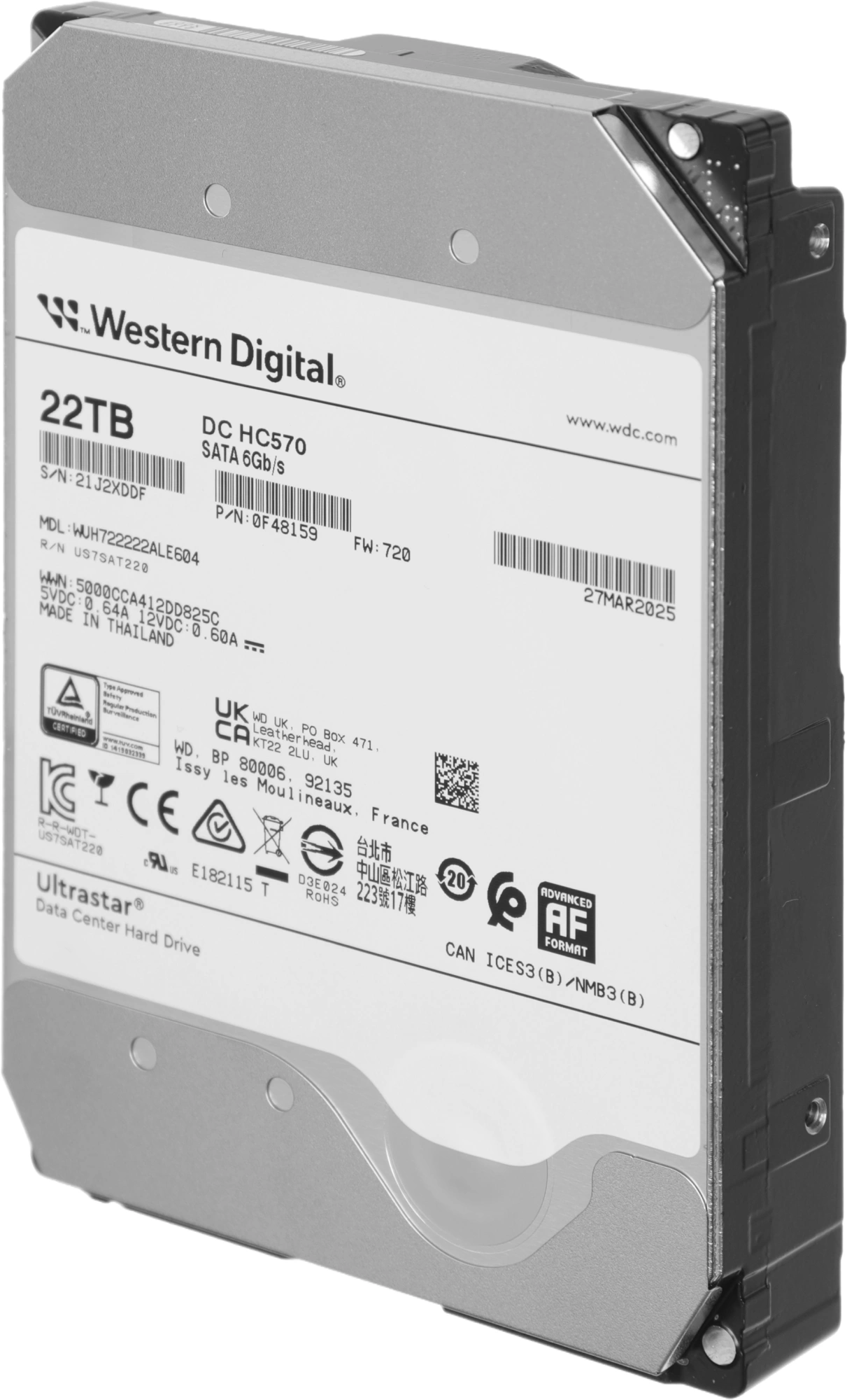 Жесткий диск WD SATA-III 22TB 0F48159 WUH722222ALE604 Server Ultrastar DC HC570 512E (7200rpm) 512Mb 3.5"