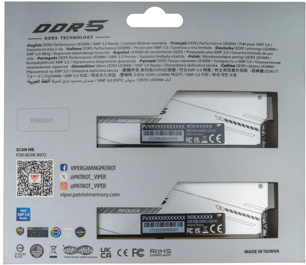 Память DDR5 2x16GB 6400MHz Patriot PVXR532G64C32KM Viper Xtreme 5 RGB RTL Gaming PC5-51200 CL32 DIMM 288-pin 1.4В с радиатором Ret