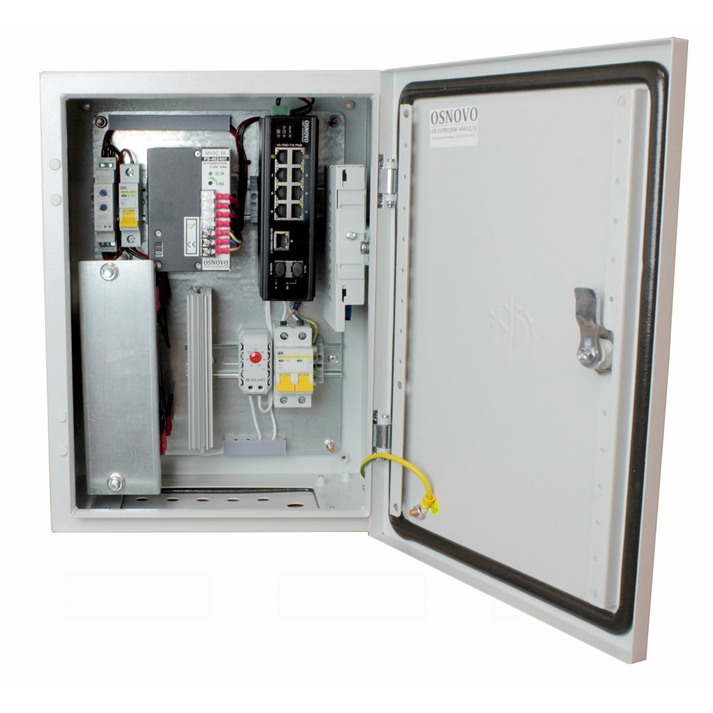 OS-34TB1(SW-60812/I) - Уличный коммутатор с термостабилизацией и резерв. питанием на базе уличной станции OSNOVO OS-34TB1. Порты: 6xFE (10/100Base-T) с PoE (30W) + 2xFE (10/100Base-T) с PoE (до 60W) + 1xGE(10/100/1000Base-T) + 2xGE SFP(1000Base-X).